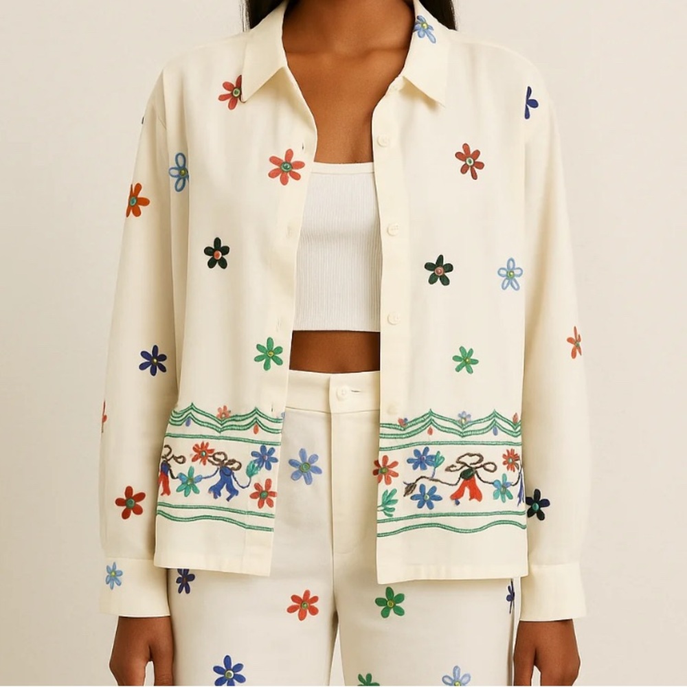 Zara Spain - Embroidered Flower Linen Blend Long Sleeve Top - Size Large
